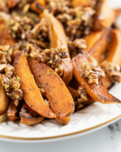 Roasted Spicy Sweet Potatoes on a plate.