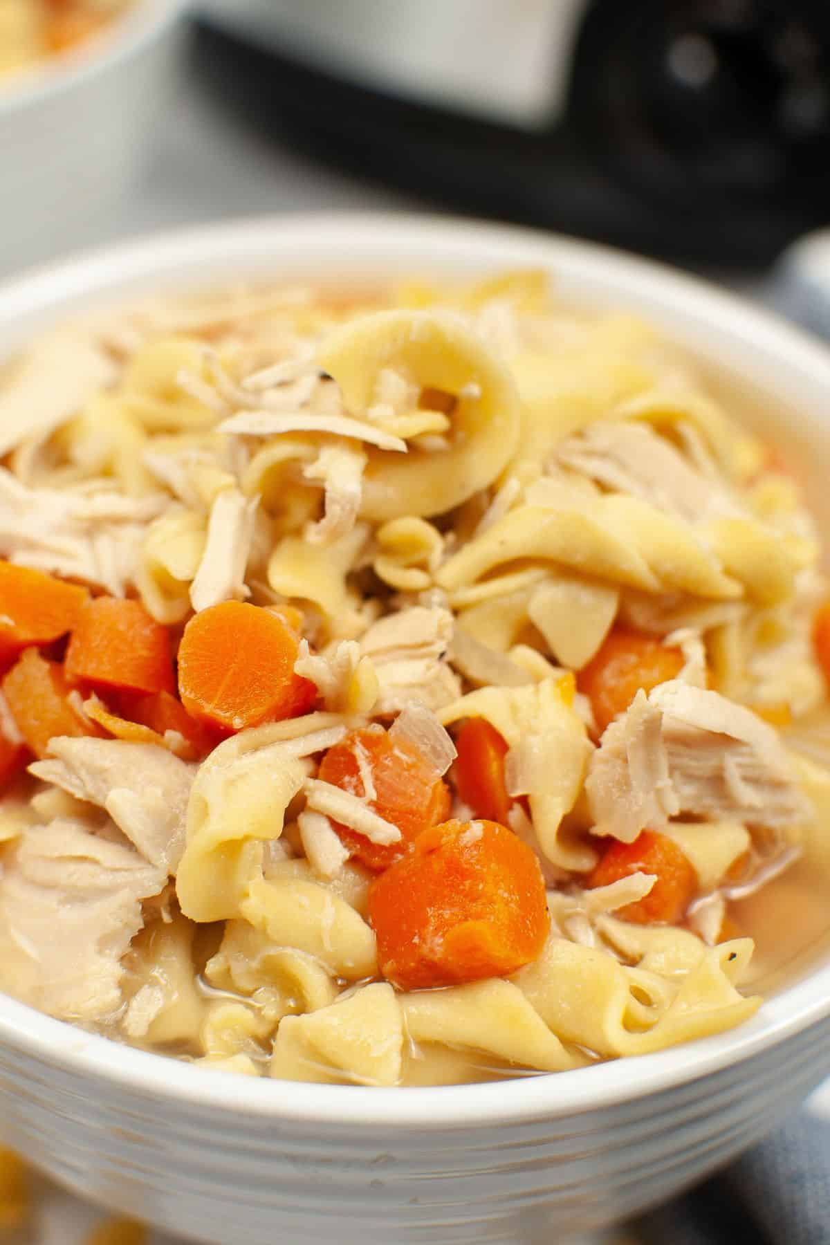 A close-up of a bowl of Slow Cooker Turkey Noodle Soup with tender shredded turkey, sliced carrots, and egg noodles in savory broth.