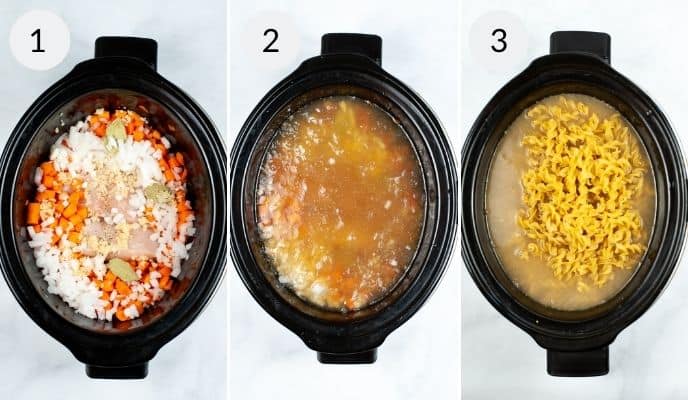 Three slow cookers in sequence: the first with chopped vegetables and seasonings, the second showing Slow Cooker Turkey Noodle Soup simmering in broth, and the third topped with cooked noodles.