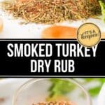 A glass jar spills out a flavorful blend of Smoked Turkey Dry Rub, with aromatic herbs and spices cascading beside another jar of the same rub shown below.