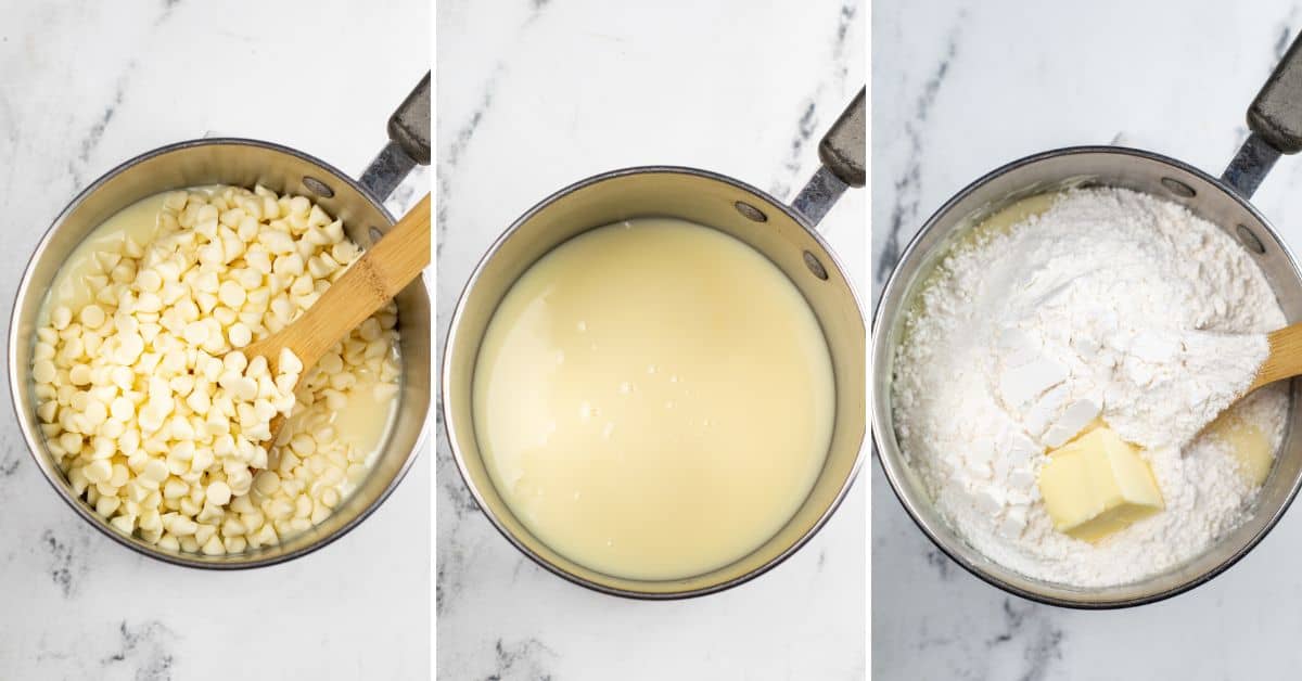Three stages of making Sugar Cookie Fudge in a saucepan: white chocolate chips are melted, the mixture blends smoothly, then flour and butter are added on top.