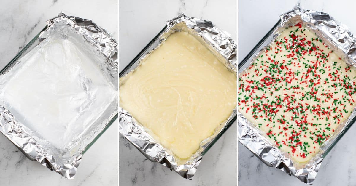 Three-panel image showing a square pan lined with foil and sprayed, filled with Sugar Cookie Fudge mixture, and topped with festive red and green sprinkles.