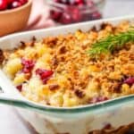 A glass baking dish filled with a Thanksgiving Leftovers Casserole, layered and topped with golden breadcrumbs, finished with a rosemary sprig; bowls of cranberries add festive flair in the background.