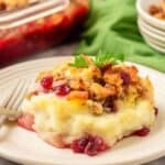 A serving on a plate with a fork; casserole dish in the background.