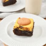 An angled view of the brownie with banana topping.