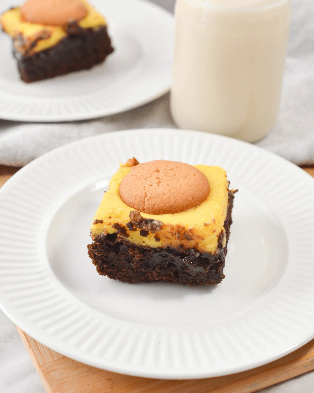 An angled view of the brownie with banana topping.
