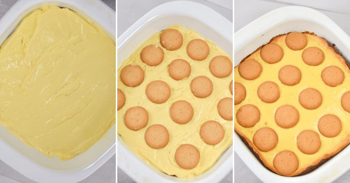 Assembling the banana pudding brownie and putting the cookie on top.