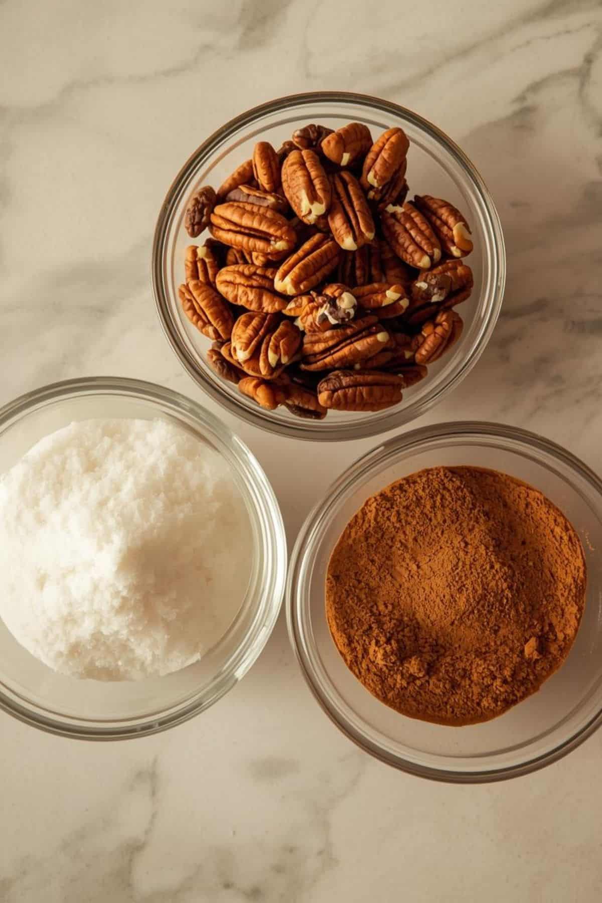 Three glass bowls containing the nuts and spices to make the snack.