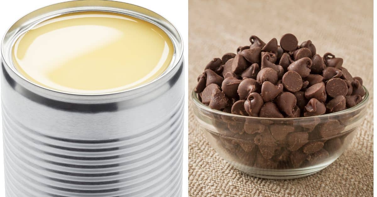 A can of sweetened condensed milk sits beside a glass bowl filled with chocolate chips.