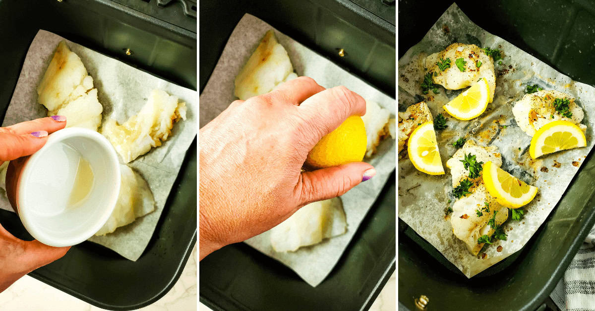 Air frying the fish and finishing with the fresh lemon juice.