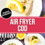 Two views of the air fried cod on a white plate.