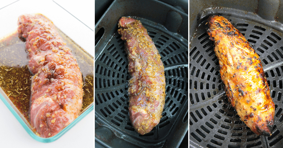 A collage of Air Fryer pork loin roast in a basket.