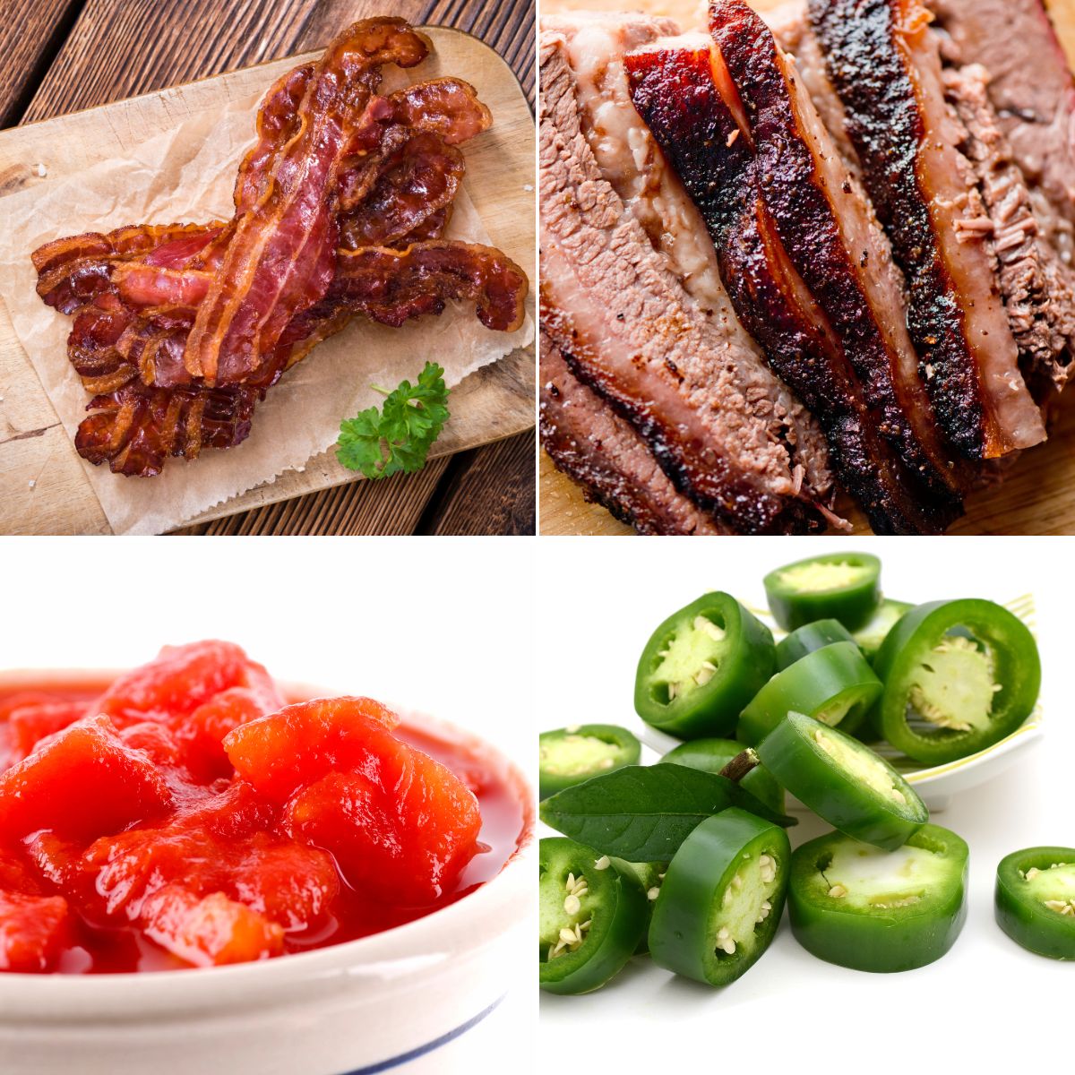 A collage of different foods, including bacon and jalapenos with brisket chili.