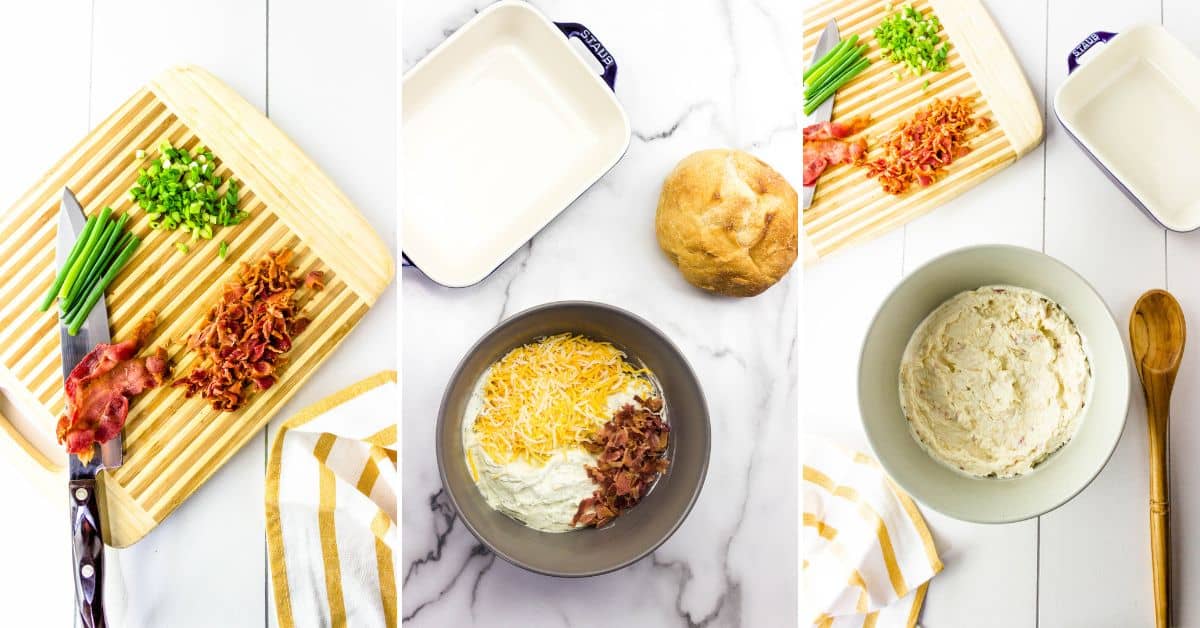 Three-step collage: chopped bacon, green onions, and cheese on a board; ingredients with bread roll and baking dish; blended baked cheese dip mixture in a bowl with a wooden spoon.