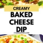 A close-up of creamy baked cheese dip topped with crispy bacon and fresh green onions, with a hand lifting a portion to reveal the irresistible stretch of melted cheese.