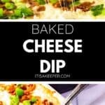 Close-up of a baked cheese dip in a casserole dish, topped with crispy bacon and fresh green onions, with a serving being lifted to reveal gooey, melted cheese.