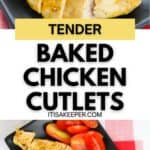 Baked Chicken Cutlets sliced and served on a black plate with grape tomatoes, presented on a red and white checkered cloth.