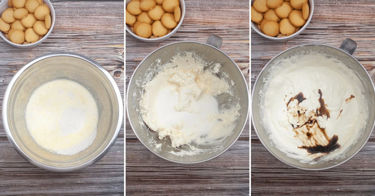 Mixing the cheesecake layer of the pie.