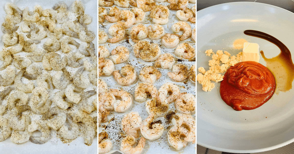Three pictures of Buffalo Shrimp and sauce on a plate.