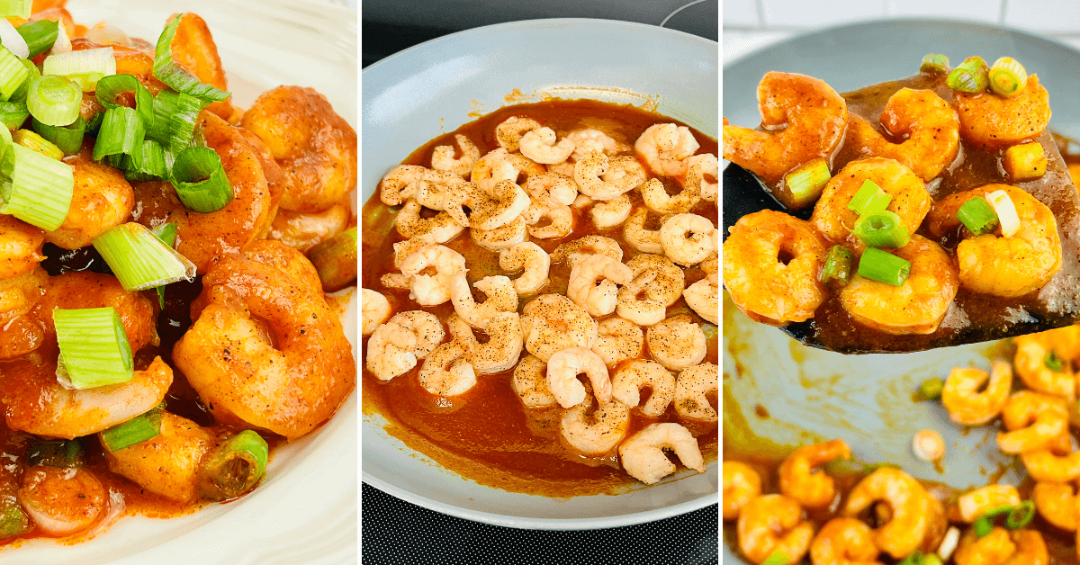 A series of photos showing a dish of buffalo shrimp in a sauce.