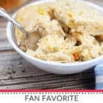 A Chicken Cobbler bowl of food with a spoon.