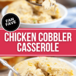 Chicken cobbler casserole in a bowl with a spoon.