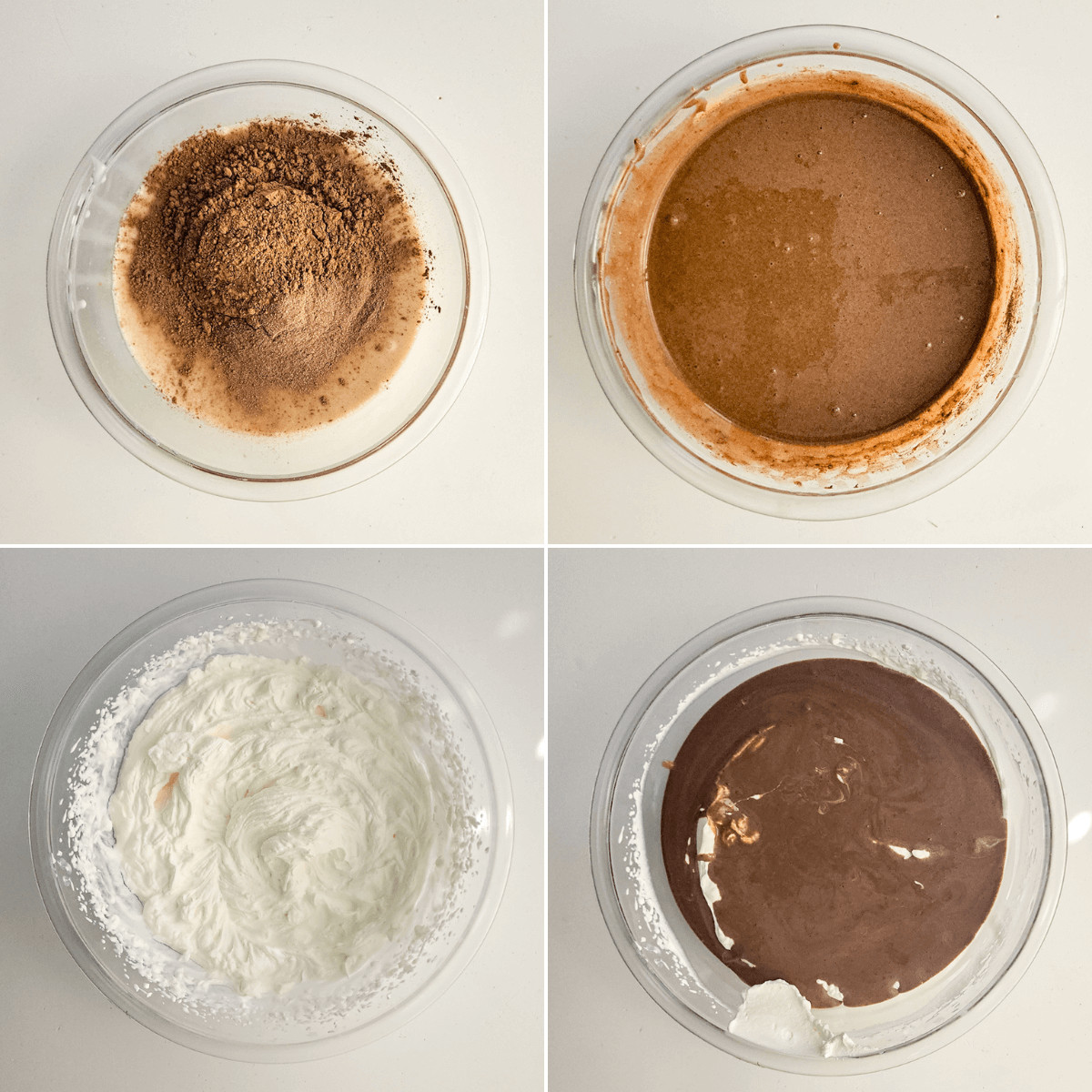 Four photos illustrating the steps to prepare a rich and luscious chocolate mousse, featuring an irresistible combination of cocoa, cream, and delicate whipped eggs.