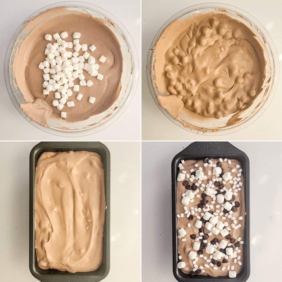 Four pictures showing the process of making a chocolate lava cake with condensed milk.