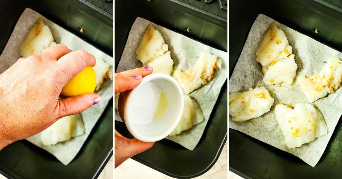 Three photos: squeezing lemon and pouring liquid onto raw Air Fryer Cod fillets on parchment paper in an air fryer basket, followed by the fillets neatly arranged for cooking.
