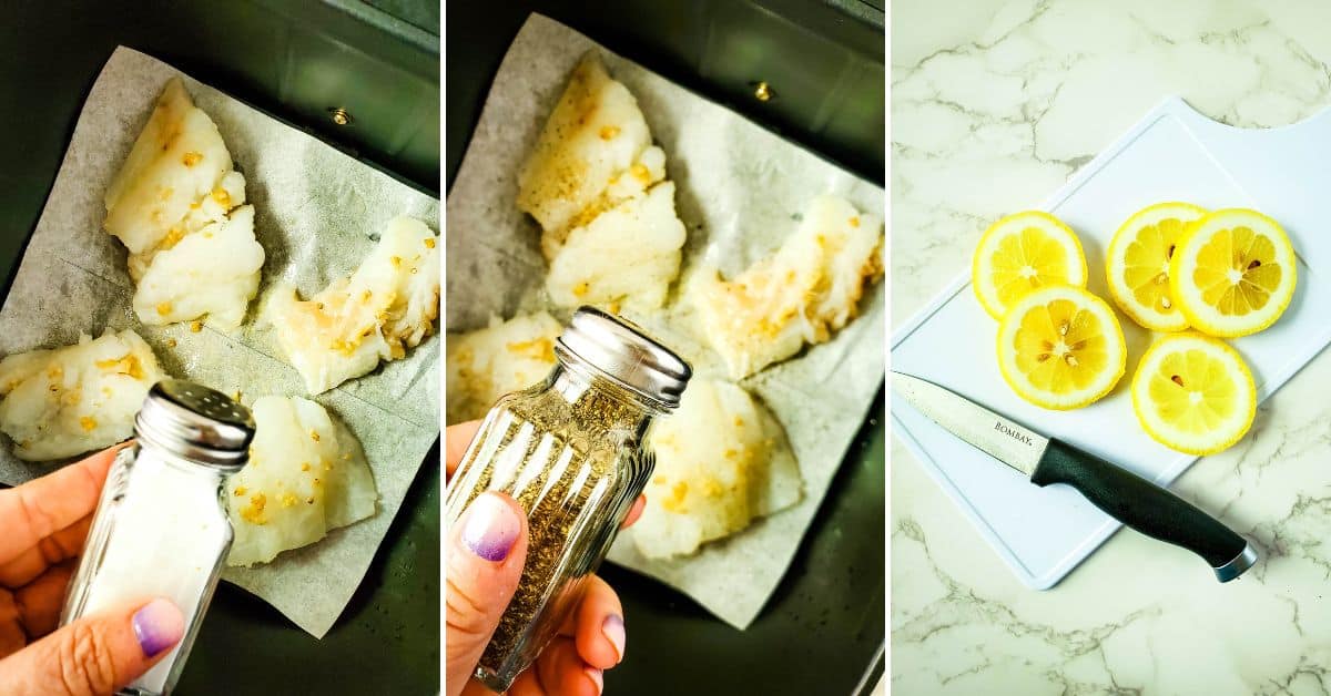 Three-panel image: seasoning Air Fryer Cod fillets on parchment in an air fryer basket, then ground pepper is added; next to sliced lemons and a knife on a white cutting board.