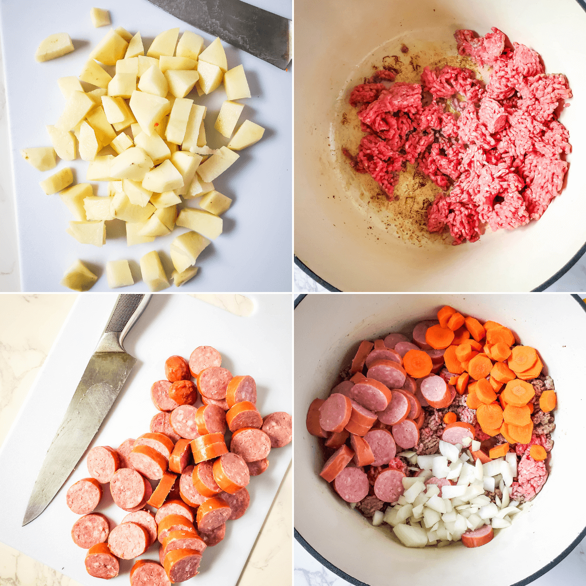 A series of photos demonstrating how to make cowboy stew, featuring sausage and carrots in a pot.