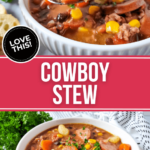 A bowl of cowboy stew with a spoon and a top shot of the finished meal.