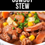 A delicious bowl of cowboy stew, perfect for those who love this flavorful dish.