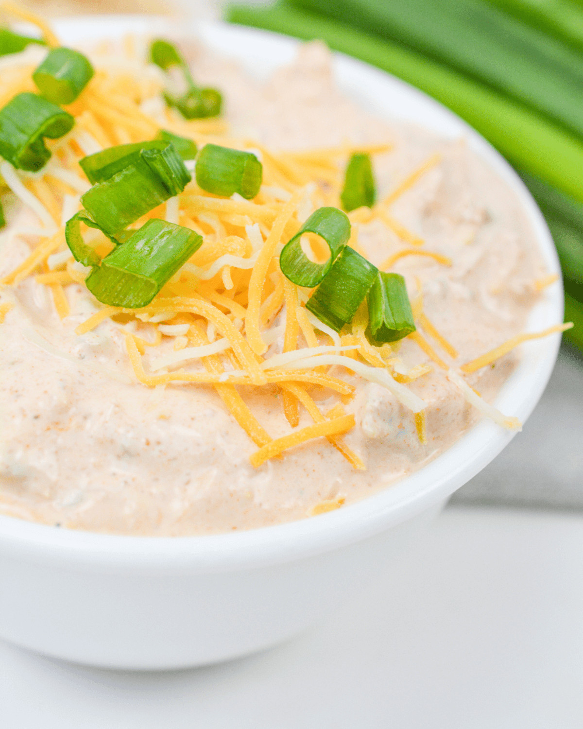 A creamy boat dip topped with cheese and flavorful green onions.