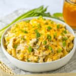 A serving dish of the crock pot crack chicken.