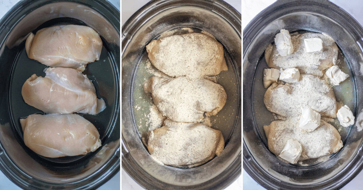 Laying the chicken in the crock pot.