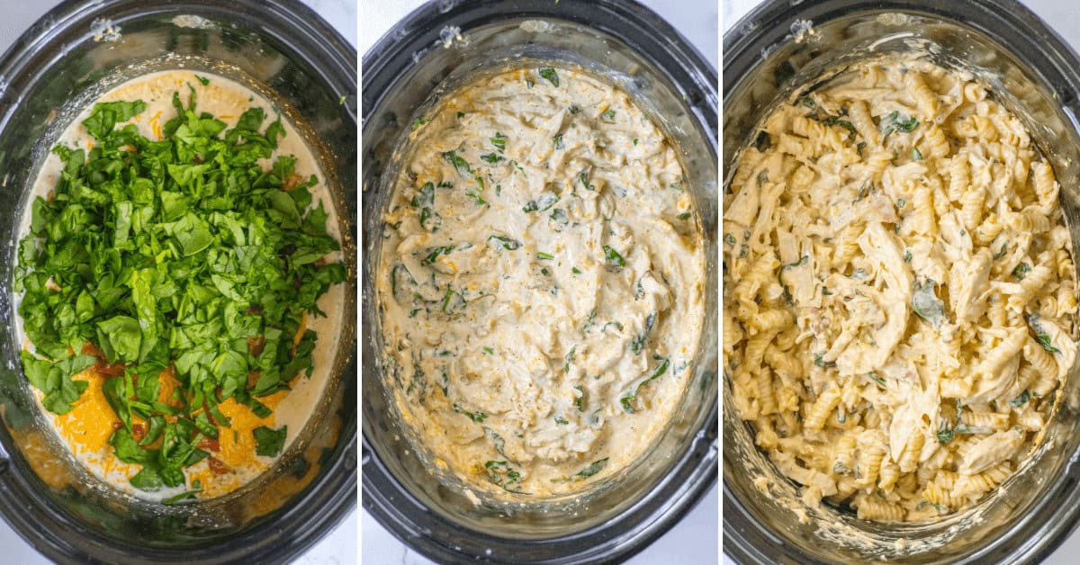 Adding the cream and pasta to the dish and mixing together.