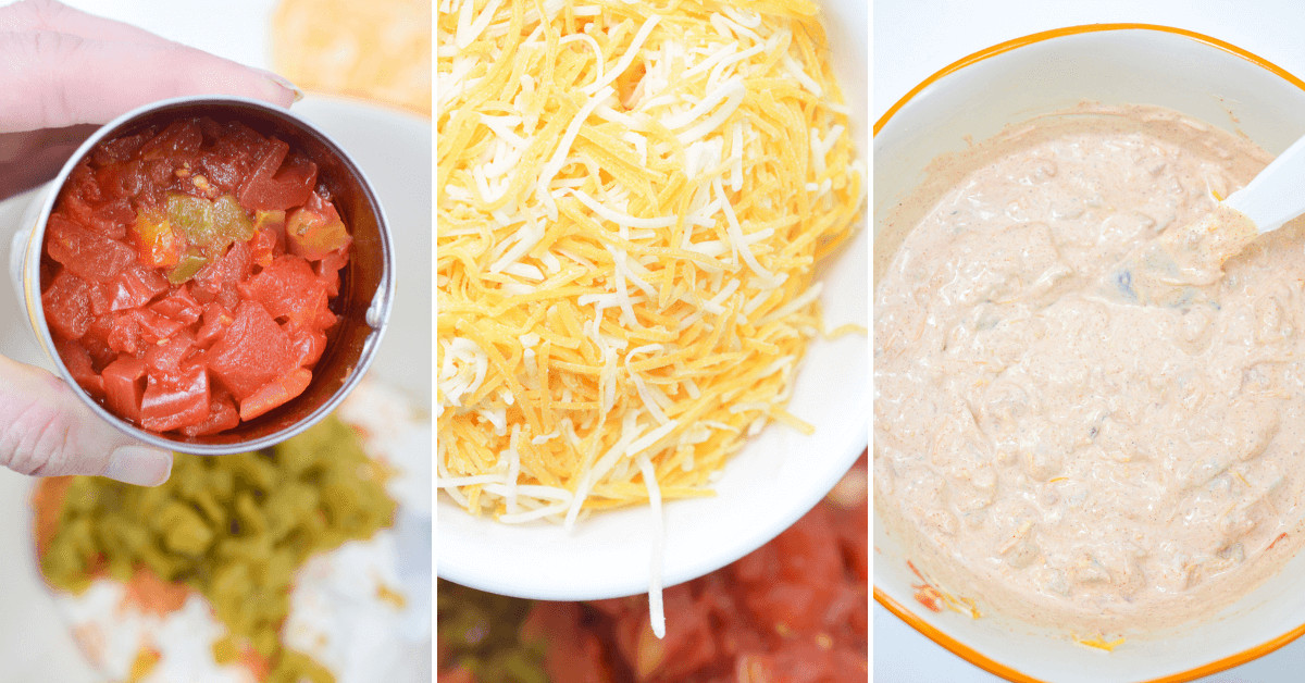 Three pictures of a person making a cream cheese taco dip (boat dip) with cheesy nachos.