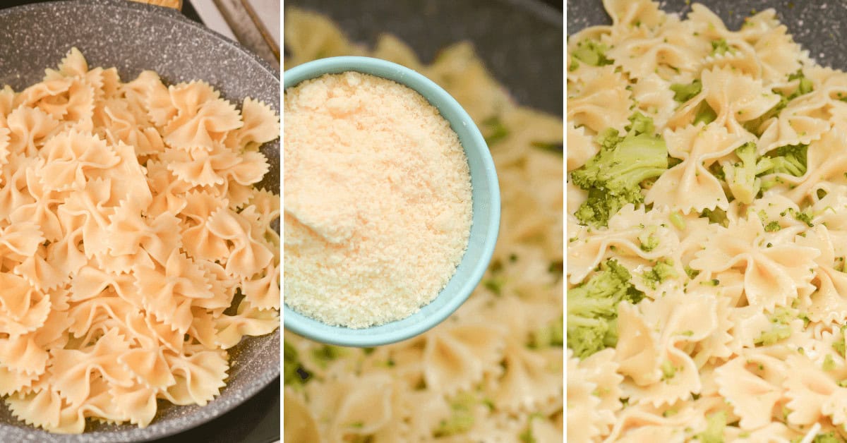 Pictures of pasta being cooked in a pan with garlic butter sauce.