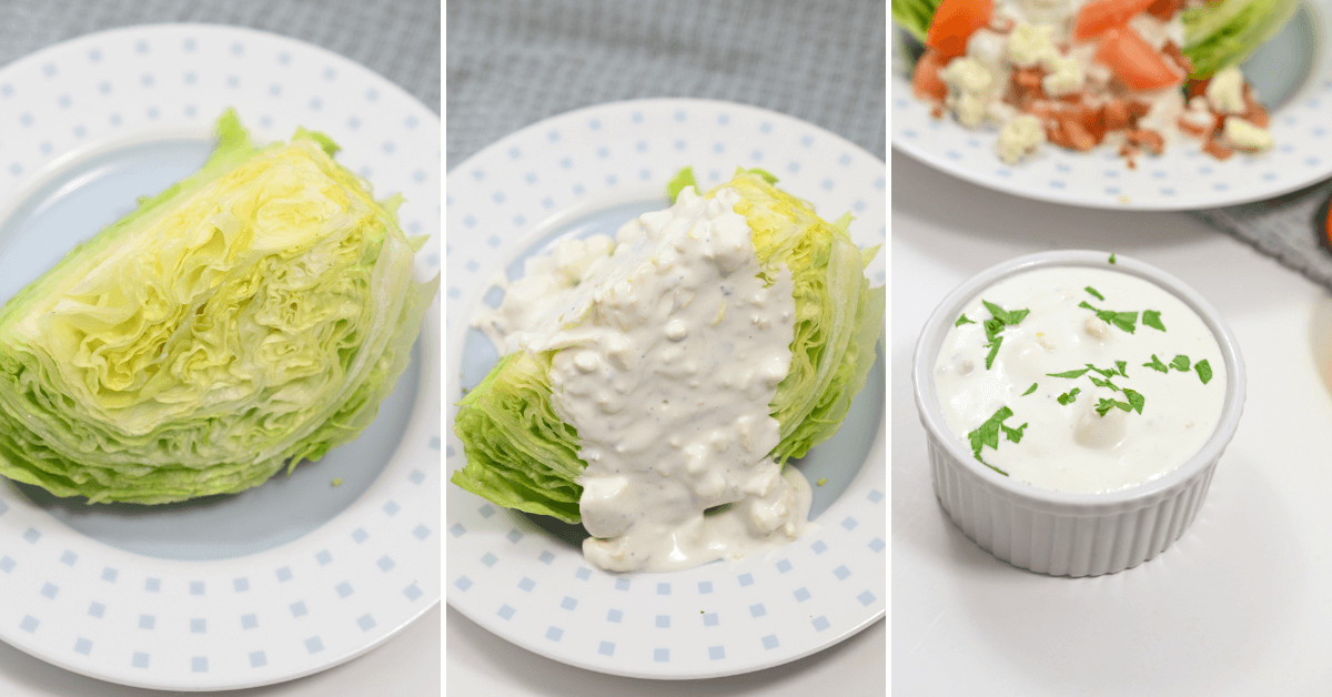  Wedge Salad Recipe, topped with dressing.