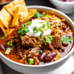 A bowl of brisket chili with tortilla chips and sour cream.