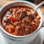A bowl of beef brisket chili with a spoon.