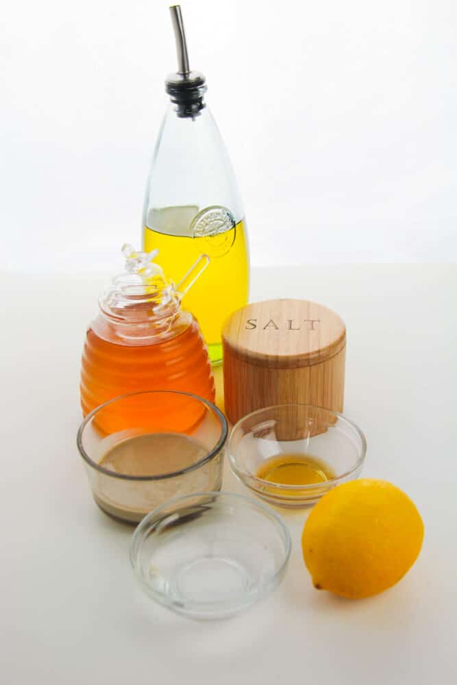 Ingredients to make lemon tahini dressing.