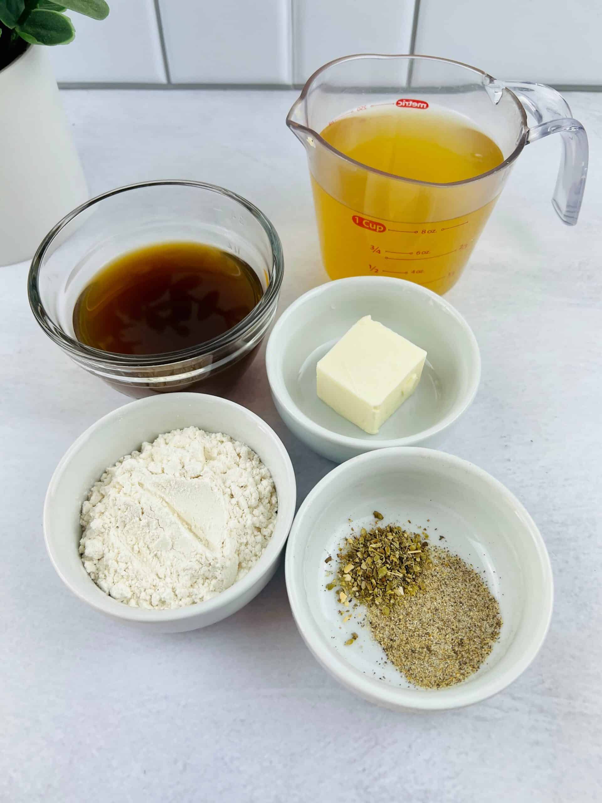 Drippings, flour, butter and seasoning.