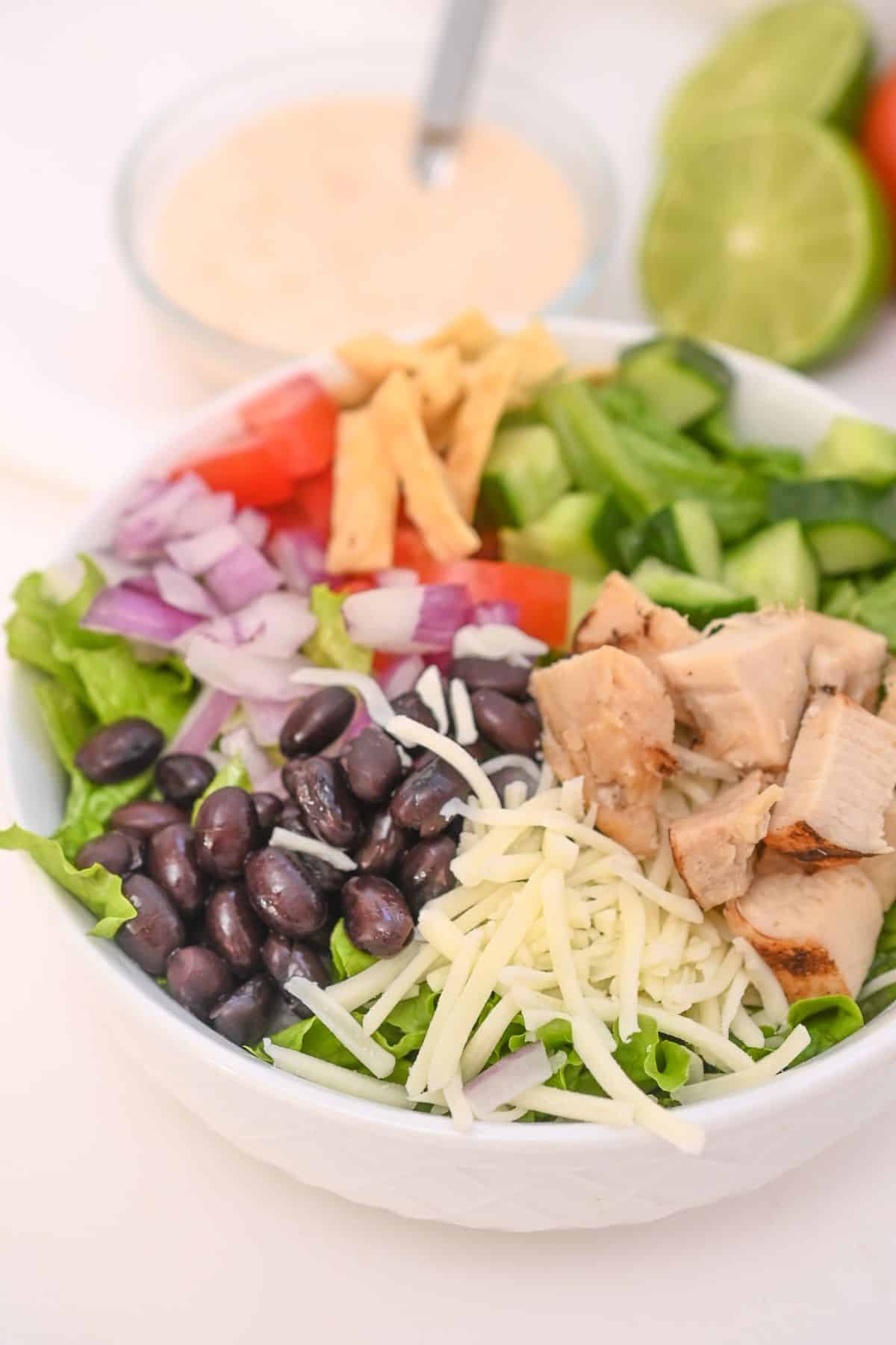 A bowl of Spicy Southwest Salad featuring crisp lettuce, black beans, shredded cheese, grilled chicken, diced tomatoes, red onions, cucumber, and crunchy tortilla strips sits front and center, with a bowl of dressing and lime halves in the background.
