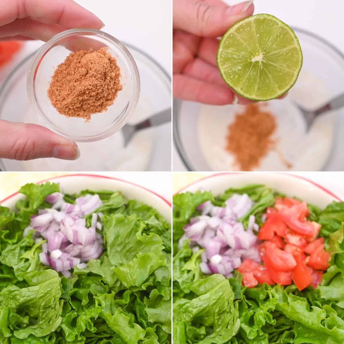 Four-panel image showing seasoning and lime being added to a bowl, followed by a salad bowl with chopped lettuce, red onion, and tomatoes being assembled—perfect for creating a Spicy Southwest Salad.