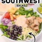 A bowl of Spicy Southwest Salad with grilled chicken, black beans, shredded cheese, red onion, tomato, tortilla strips, lettuce, cucumber, and creamy dressing. Text: “Spicy Southwest Salad Quick.”.