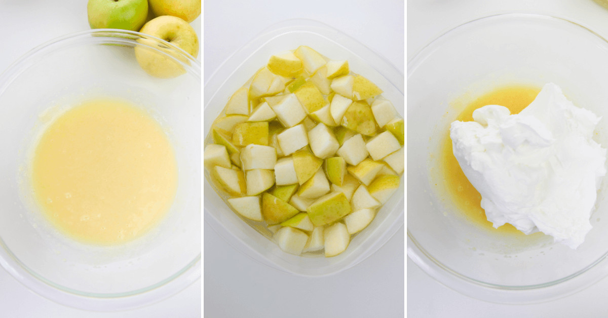 Pictures outlining the step-by-step process of making apple crumble.