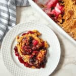 A view of the dessert and the baking dish.