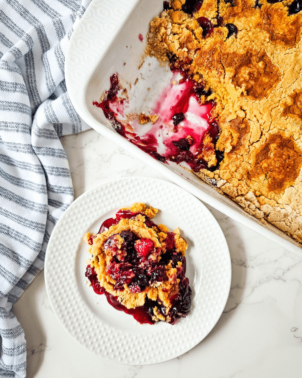 A top shot of the blueberry cherry dump cake.